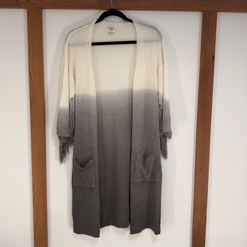 Hayden Los Angeles Ombre‎ Fringe Duster Cardigan Womens Small Grey White H3211